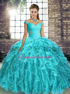 Perfect Aqua Blue Lace Up Off The Shoulder Beading and Ruffles Quince Ball Gowns Organza Sleeveless Brush Train