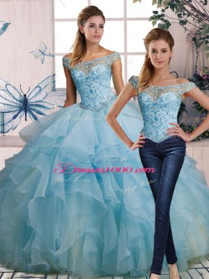Pretty Organza Off The Shoulder Sleeveless Lace Up Beading and Ruffles Quinceanera Dresses in Light Blue