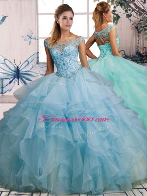 Pretty Organza Off The Shoulder Sleeveless Lace Up Beading and Ruffles Quinceanera Dresses in Light Blue