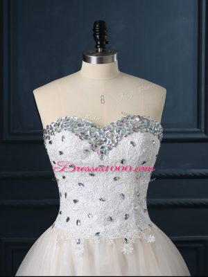 Affordable Mini Length Lace Up Wedding Gowns Champagne for Wedding Party with Beading and Lace