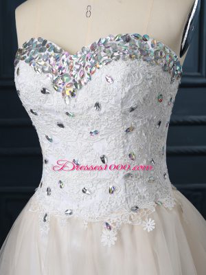 Affordable Mini Length Lace Up Wedding Gowns Champagne for Wedding Party with Beading and Lace