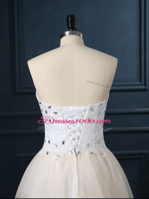 Affordable Mini Length Lace Up Wedding Gowns Champagne for Wedding Party with Beading and Lace