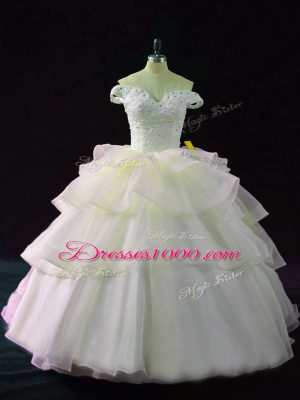 Top Selling Pink Off The Shoulder Lace Up Beading and Ruffled Layers Quinceanera Dress Brush Train Sleeveless