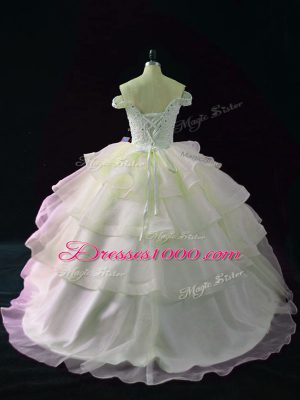 Top Selling Pink Off The Shoulder Lace Up Beading and Ruffled Layers Quinceanera Dress Brush Train Sleeveless