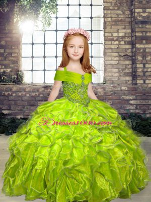 Olive Green Straps Neckline Beading Pageant Gowns For Girls Sleeveless Lace Up
