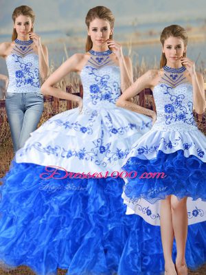 Floor Length Blue And White Quinceanera Dresses Organza Court Train Sleeveless Embroidery and Ruffles