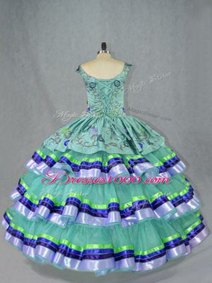 Elegant Apple Green Organza Lace Up Straps Sleeveless Floor Length Quinceanera Gowns Embroidery and Ruffled Layers