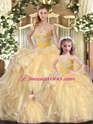 Champagne Ball Gowns Beading and Ruffles Vestidos de Quinceanera Lace Up Organza Sleeveless Floor Length