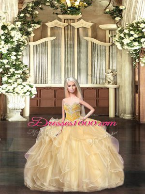 Champagne Ball Gowns Beading and Ruffles Vestidos de Quinceanera Lace Up Organza Sleeveless Floor Length