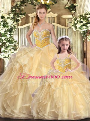 Champagne Ball Gowns Beading and Ruffles Vestidos de Quinceanera Lace Up Organza Sleeveless Floor Length