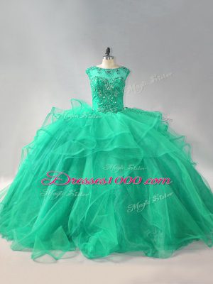 Scoop Sleeveless Lace Up 15th Birthday Dress Turquoise Organza