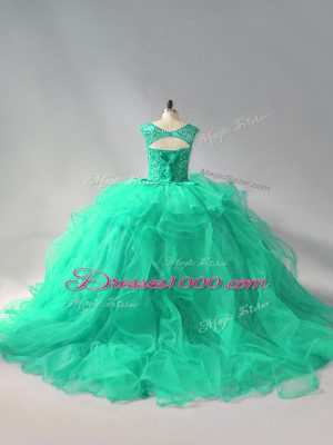 Scoop Sleeveless Lace Up 15th Birthday Dress Turquoise Organza