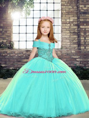Latest Aqua Blue Ball Gowns Straps Sleeveless Beading Lace Up Party Dress for Toddlers Brush Train