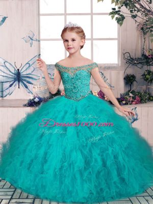 Fantastic Beading Little Girl Pageant Gowns Teal Lace Up Sleeveless Floor Length