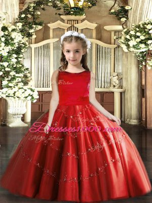 Simple Floor Length Red Little Girls Pageant Gowns Scoop Sleeveless Lace Up
