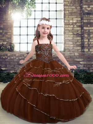 Latest Floor Length Brown Little Girl Pageant Dress Tulle Sleeveless Beading and Ruffled Layers