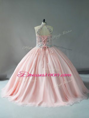 Flare Halter Top Sleeveless Quinceanera Dresses Pink Tulle