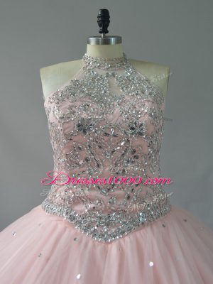 Flare Halter Top Sleeveless Quinceanera Dresses Pink Tulle