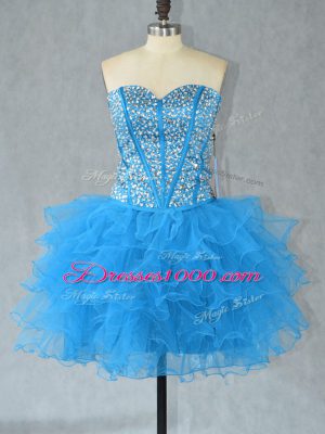 Comfortable Sweetheart Sleeveless Dress for Prom Mini Length Beading and Ruffles Aqua Blue Organza