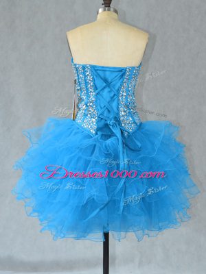 Comfortable Sweetheart Sleeveless Dress for Prom Mini Length Beading and Ruffles Aqua Blue Organza