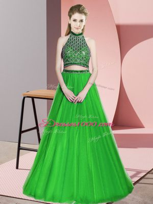 Green Sleeveless Beading Floor Length Evening Dress