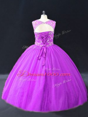 Beautiful Beading 15th Birthday Dress Purple Lace Up Sleeveless Floor Length