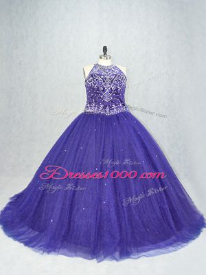 Ball Gowns Sleeveless Purple Quinceanera Gowns Brush Train Lace Up