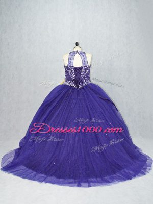 Ball Gowns Sleeveless Purple Quinceanera Gowns Brush Train Lace Up