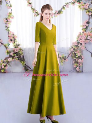 Half Sleeves Satin Ankle Length Zipper Bridesmaid Gown in Olive Green with Ruching