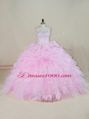 Vintage Pink Scoop Neckline Beading and Ruffles Sweet 16 Dress Sleeveless Backless