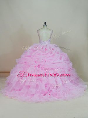 Vintage Pink Scoop Neckline Beading and Ruffles Sweet 16 Dress Sleeveless Backless