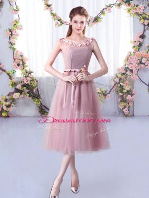 Sleeveless Tulle Tea Length Lace Up Quinceanera Court of Honor Dress in Pink with Appliques and Belt