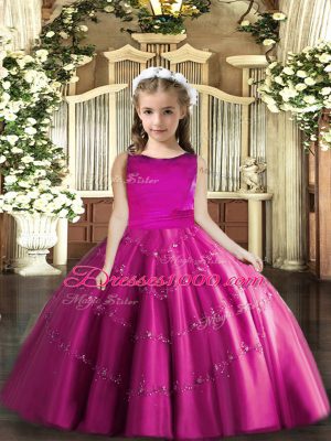 Fuchsia Lace Up Scoop Beading Pageant Dress for Womens Tulle Sleeveless