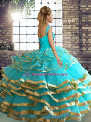 Sleeveless Floor Length Beading and Ruffled Layers Lace Up 15th Birthday Dress with Aqua Blue