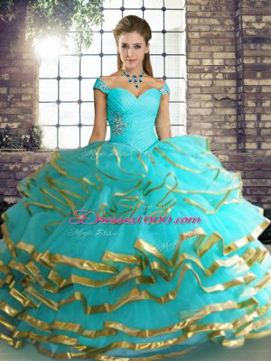 Sleeveless Floor Length Beading and Ruffled Layers Lace Up 15th Birthday Dress with Aqua Blue