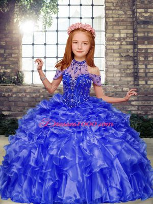 Blue Ball Gowns Beading and Ruffles Pageant Dress for Teens Lace Up Organza Sleeveless Floor Length