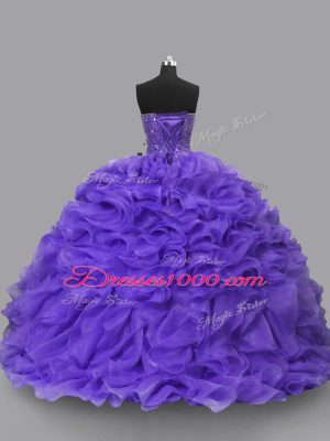 Purple Ball Gowns Beading and Ruffles Vestidos de Quinceanera Lace Up Organza Sleeveless Floor Length