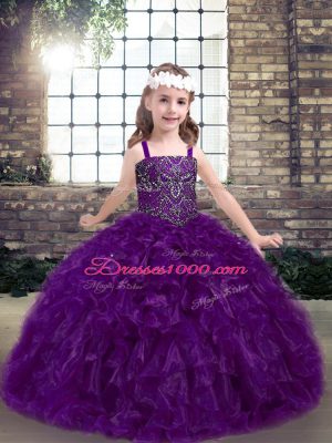 Eggplant Purple Organza Lace Up Straps Sleeveless Floor Length Womens Party Dresses Beading and Ruffles