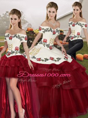 Wine Red Quinceanera Gowns Military Ball and Sweet 16 and Quinceanera with Embroidery and Ruffled Layers Off The Shoulder Sleeveless Brush Train Lace Up