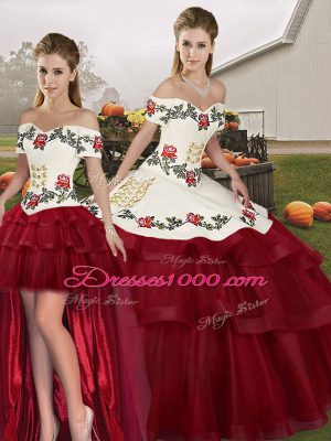 Wine Red Quinceanera Gowns Military Ball and Sweet 16 and Quinceanera with Embroidery and Ruffled Layers Off The Shoulder Sleeveless Brush Train Lace Up