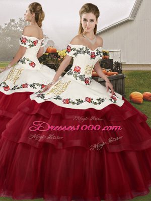 Wine Red Quinceanera Gowns Military Ball and Sweet 16 and Quinceanera with Embroidery and Ruffled Layers Off The Shoulder Sleeveless Brush Train Lace Up