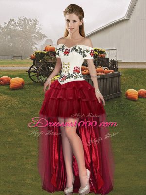 Wine Red Quinceanera Gowns Military Ball and Sweet 16 and Quinceanera with Embroidery and Ruffled Layers Off The Shoulder Sleeveless Brush Train Lace Up