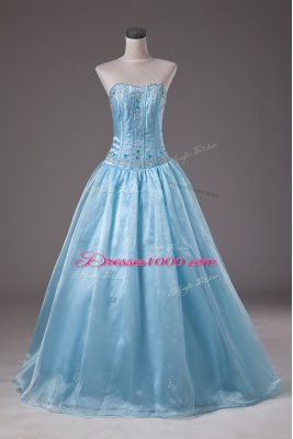Delicate Strapless Sleeveless Lace Up Quince Ball Gowns Baby Blue Organza