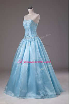 Delicate Strapless Sleeveless Lace Up Quince Ball Gowns Baby Blue Organza