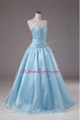 Delicate Strapless Sleeveless Lace Up Quince Ball Gowns Baby Blue Organza