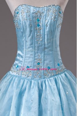 Delicate Strapless Sleeveless Lace Up Quince Ball Gowns Baby Blue Organza