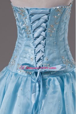 Delicate Strapless Sleeveless Lace Up Quince Ball Gowns Baby Blue Organza