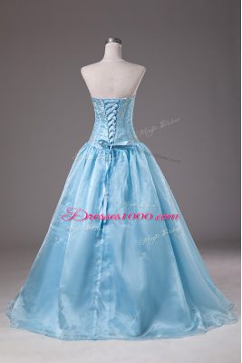 Delicate Strapless Sleeveless Lace Up Quince Ball Gowns Baby Blue Organza