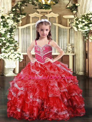 Red Lace Up Straps Beading Kids Formal Wear Organza Sleeveless