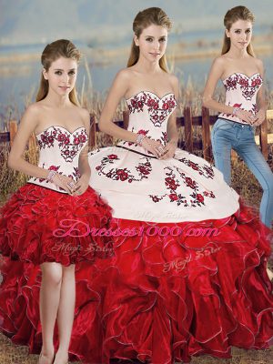 White And Red Sleeveless Embroidery and Ruffles and Bowknot Floor Length Vestidos de Quinceanera